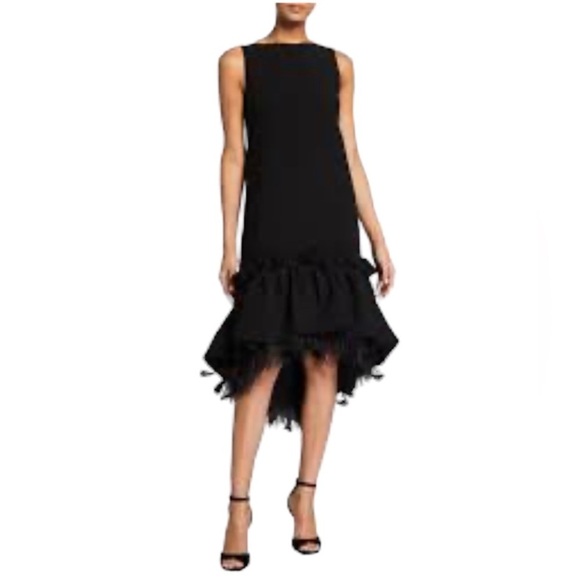 Huishan Zhang  Jodie Feather Embellished Black Crepe Cocktail Dress - Picture 1 of 9